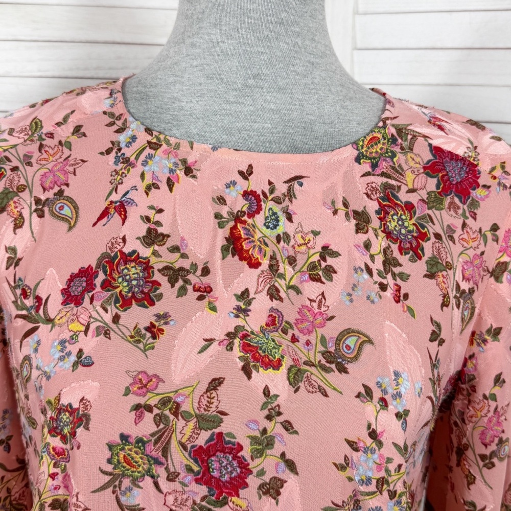 Loft Floral Jacquard Ballon Sleeve Blouse Pink Satin Boho Career Cottagecore S - Picture 6 of 13